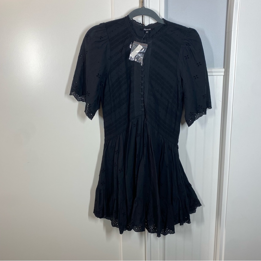 NWT Madewell Eyelet Flutter Sleeve Mini Dress In Cotton Voile Jet Black Size 00 - Picture 2 of 10